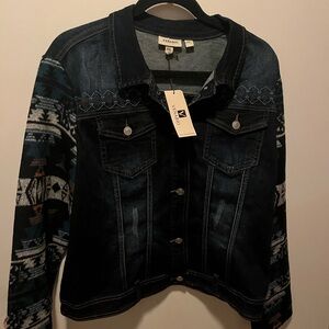 Vibrant Denim Jacket with Patterned Sleeves
NWT